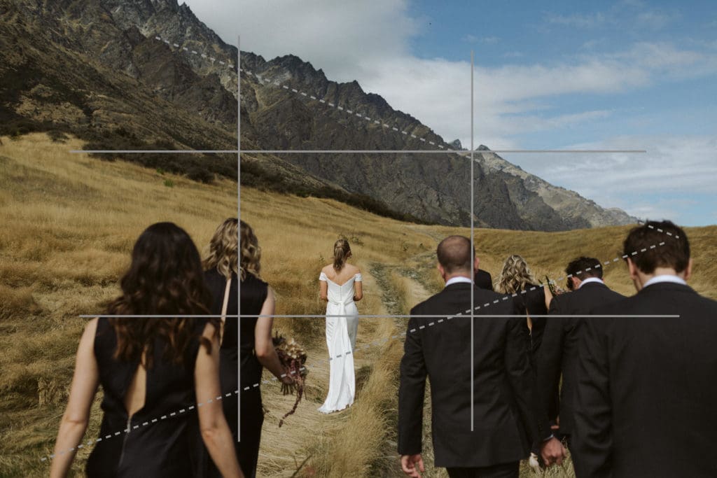 photography rule of thirds with leading lines of wedding party outside