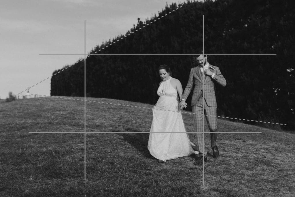 breaking perspective shown in black and white on bride and groom portrait