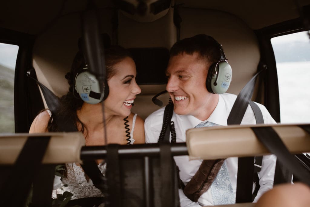 eloping couple flies in helicopter in all-day elopement package by adventure instead