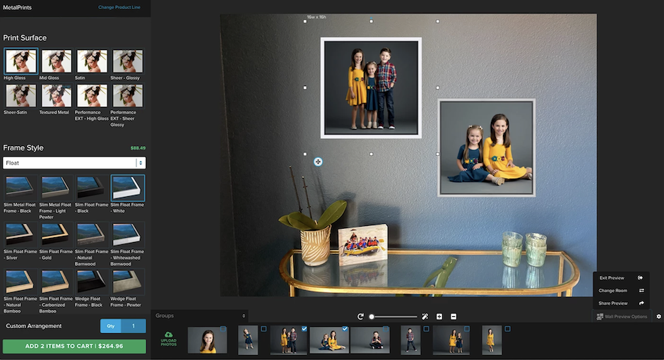 computer screen shot of Bay Photo Lab's online Custom Wall Preview.