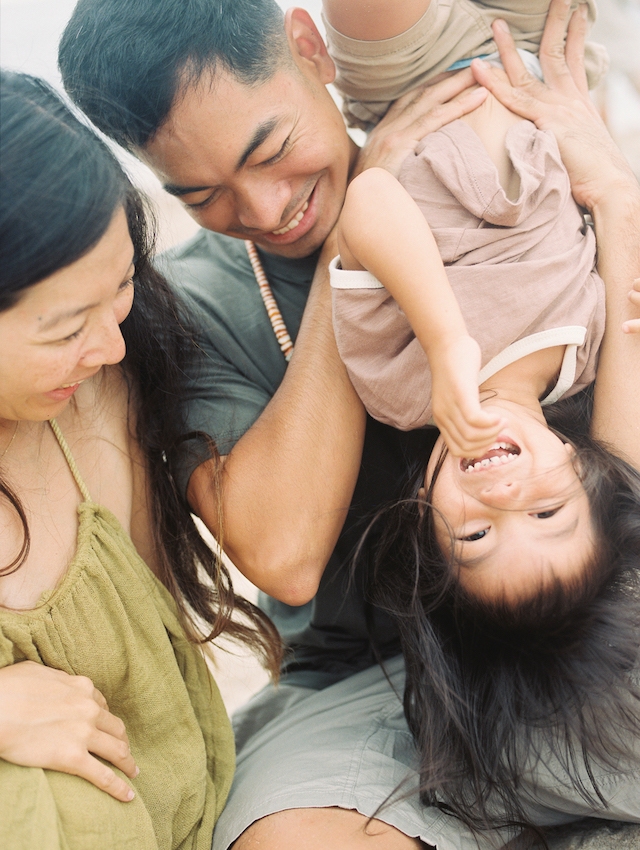 A candid family portrait with a young girl is turned upside down.