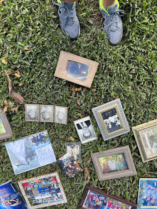 Image of family photos out on lawn.