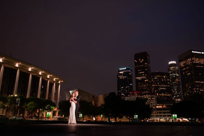 bride and groom in nighttime portrait.