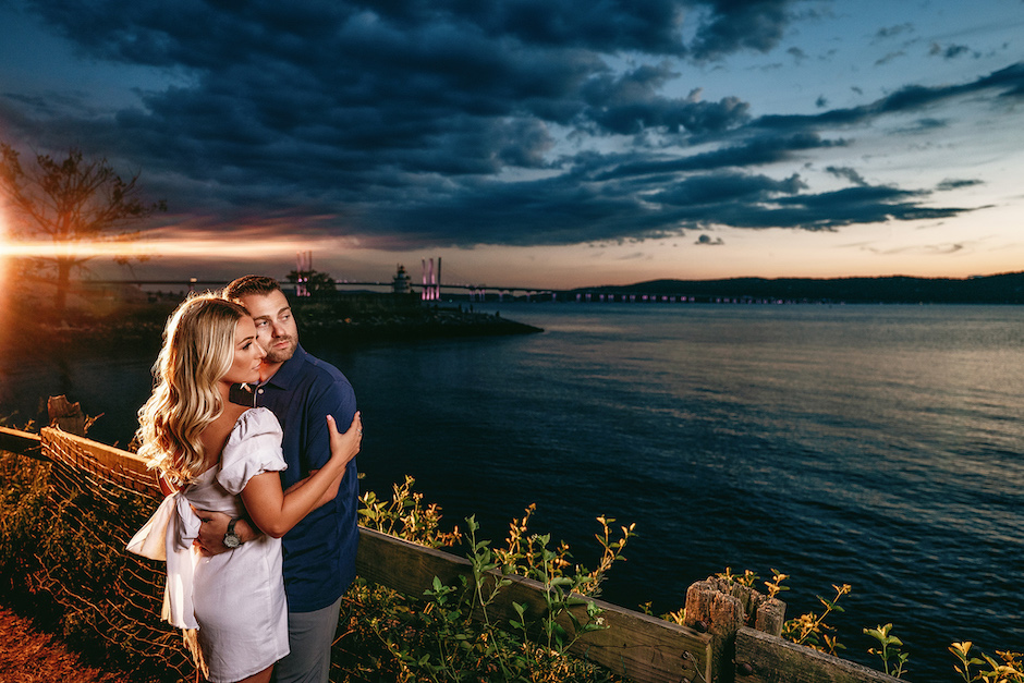 bride and groom in great light out by water.