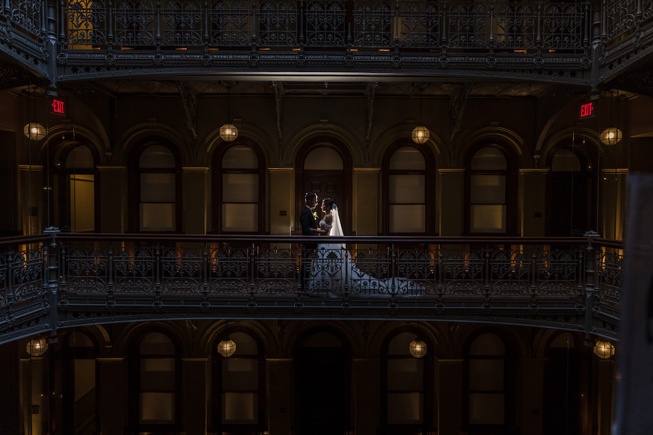 Image of bride and groom on staircase